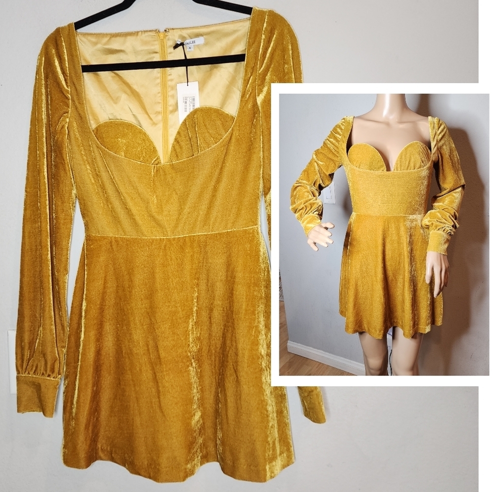 NWT SAU LEE Velvet Mustard Gold Gia Mini Dress Long Sleeve Size 6